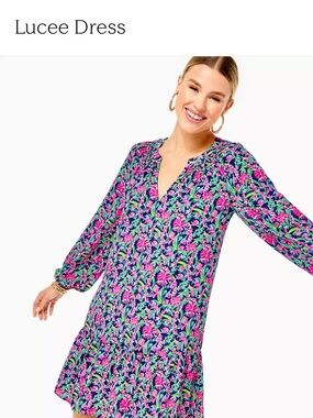 Lilly Pulitzer Navy Floral V-Neck Dress with Pink & Green Accents